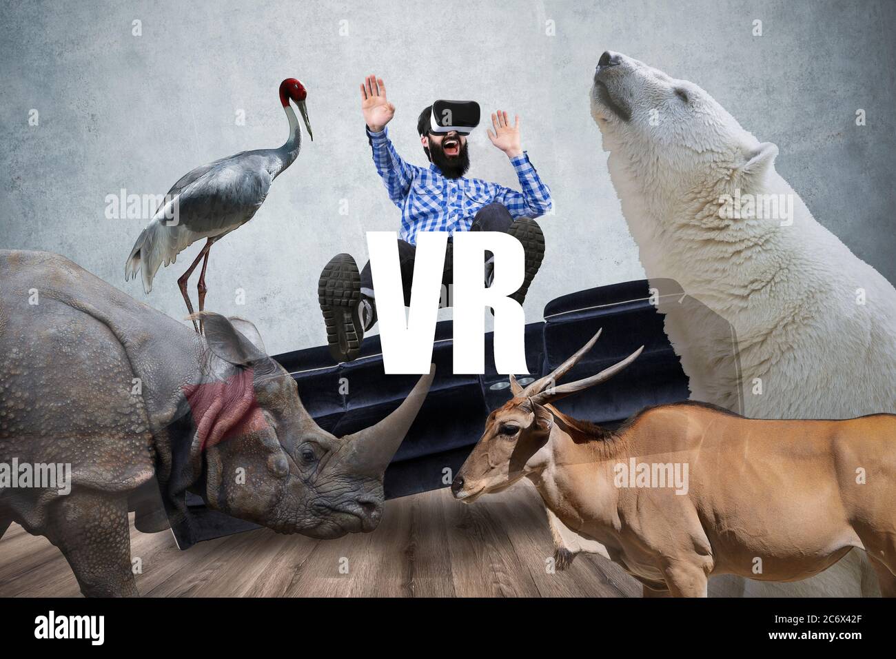 man in VR glasses, surrounded by virtual animals, virtual reality headset  Stock Photo - Alamy