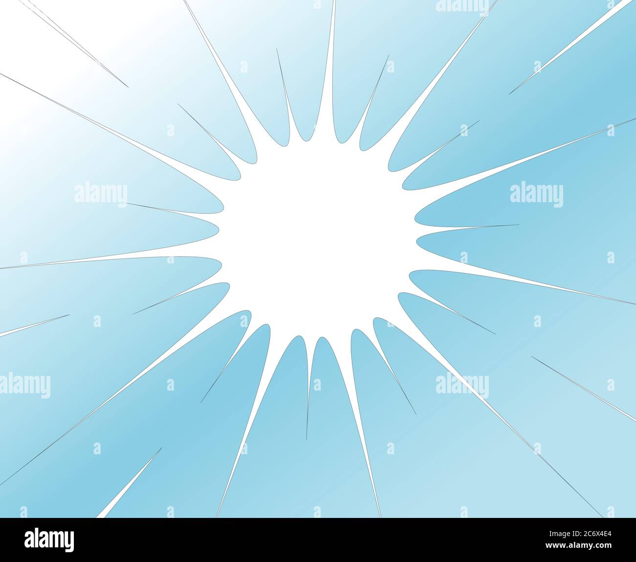 white radial hole with rift fracture on blue background broken glass or ...
