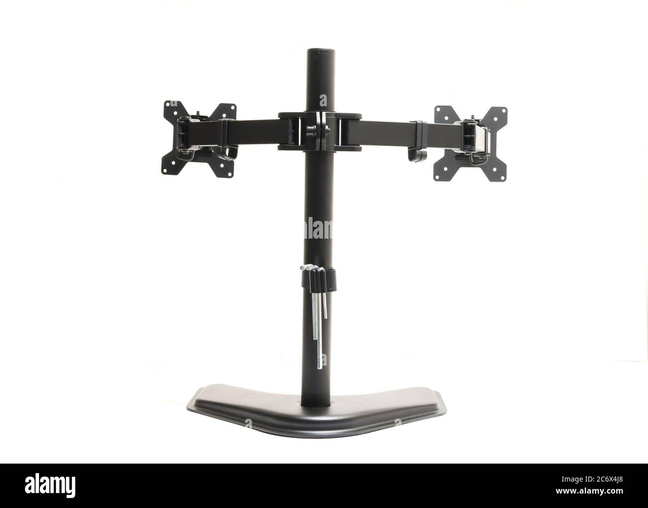 Rear view modern dual monitor desk mount stand isolated on white