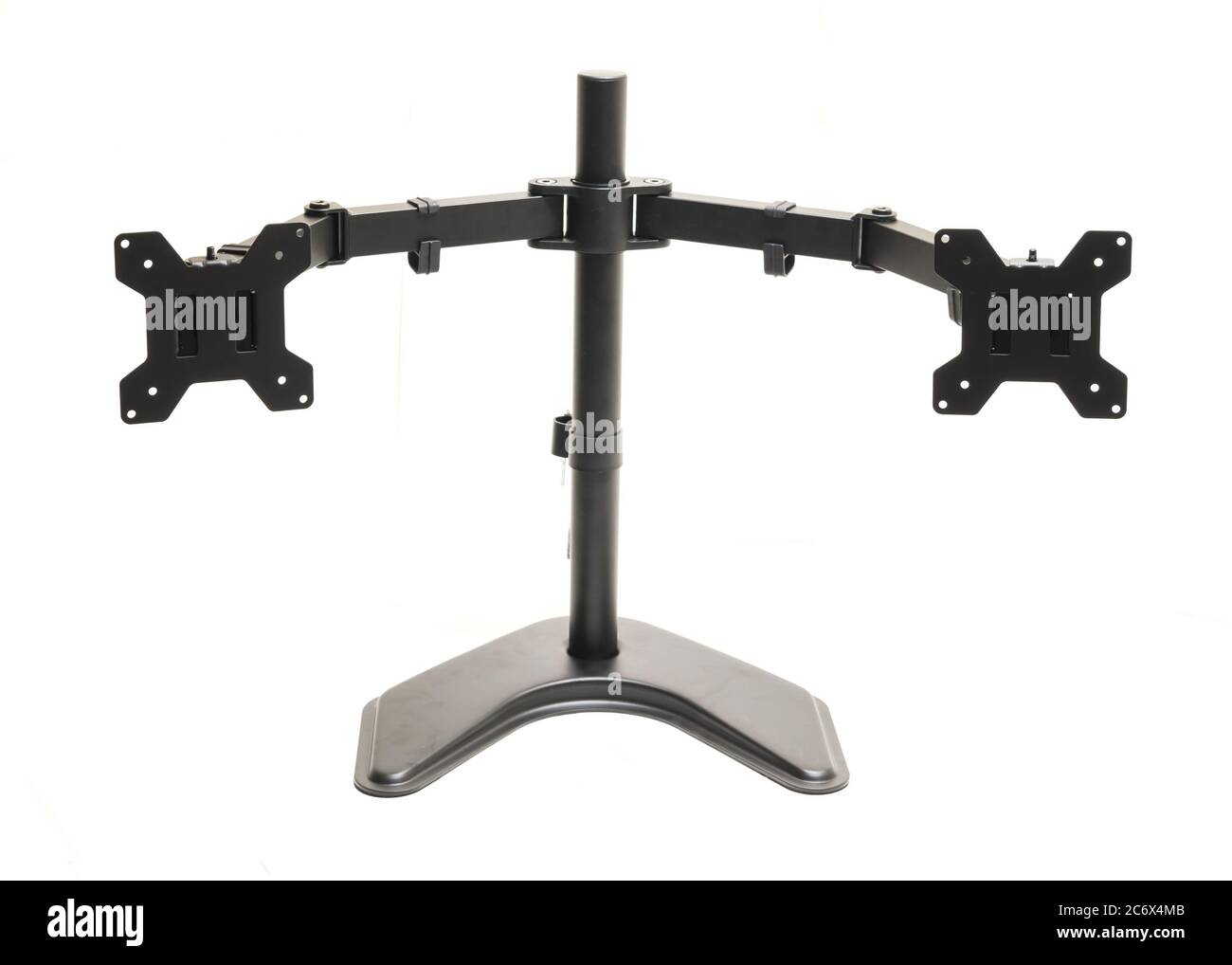 Modern dual monitor desk mount stand isolated on white background Stock