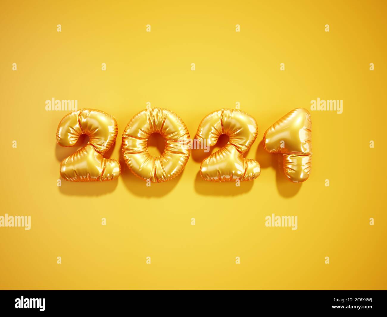 Christmas and Happy new year 2021 balloon orange golden numbers on a yellow background. 3d rendering Happy New Year 2021 logo design. Stock Photo