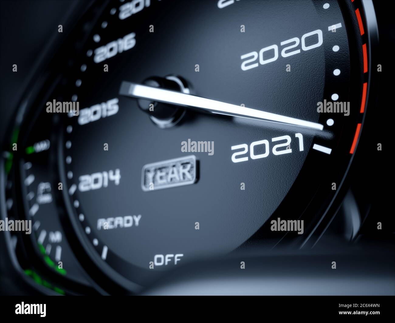 2021 year car speedometer countdown concept. 3d rendering illustration Stock Photo