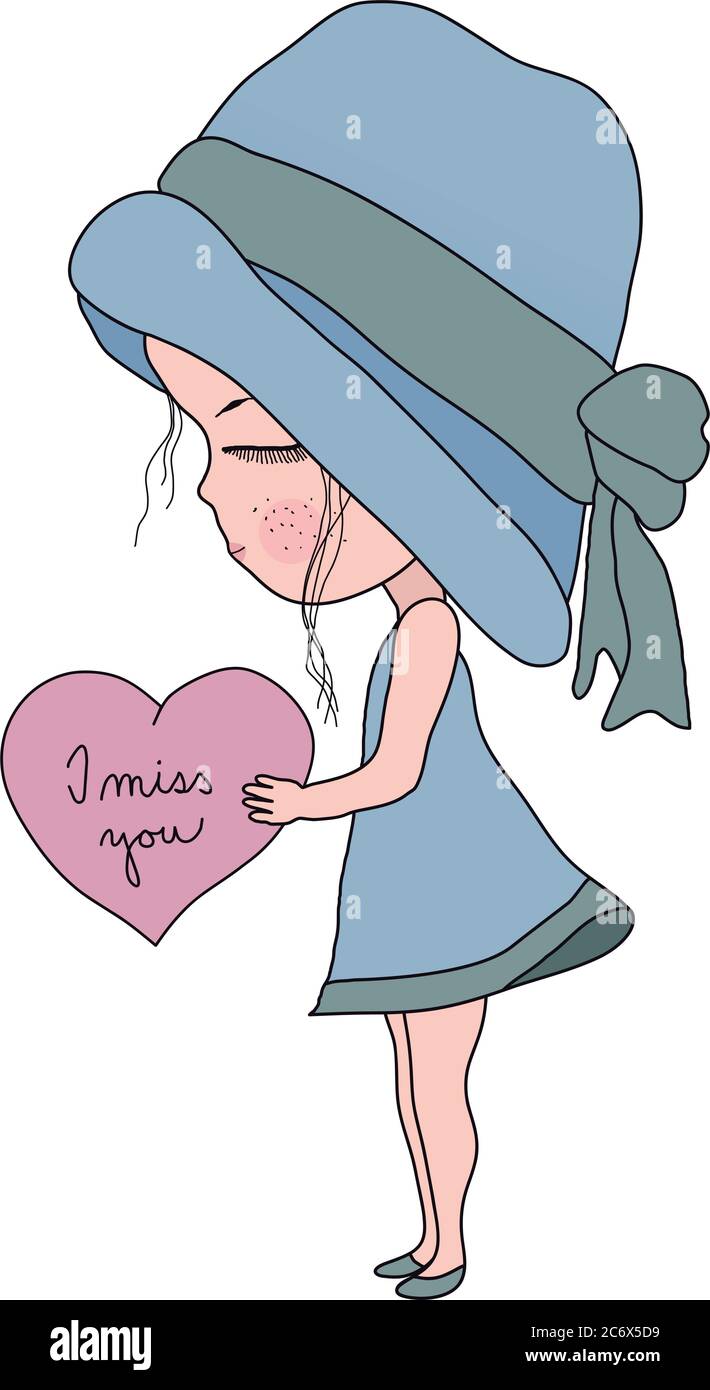 Cute Cartoon little girl in blue hat and dress holding heart with text I miss you, simple flat sweet vector illustration, vintage style Stock Vector Image & Art - Alamy Cute Cartoon little girl in blue hat and dress holding heart with text I miss you, simple flat sweet vector illustration, vintage style Stock Vector Image & Art - Alamy