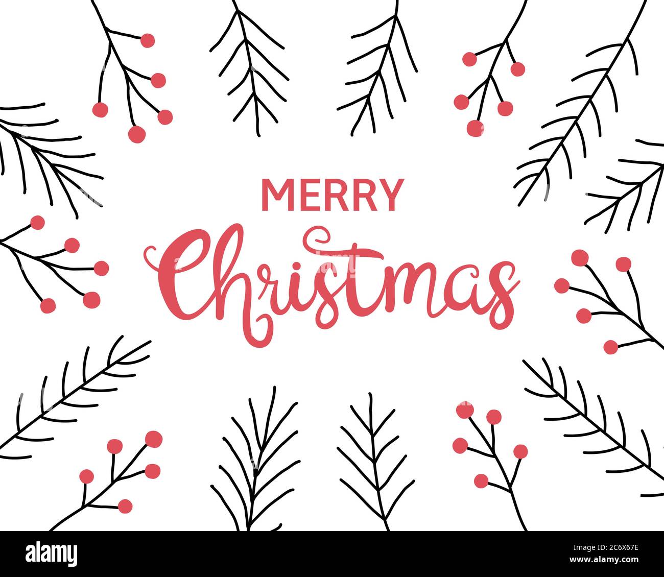 Merry Christmas Calligraphic hand drawn lettering decorated with fir or ...