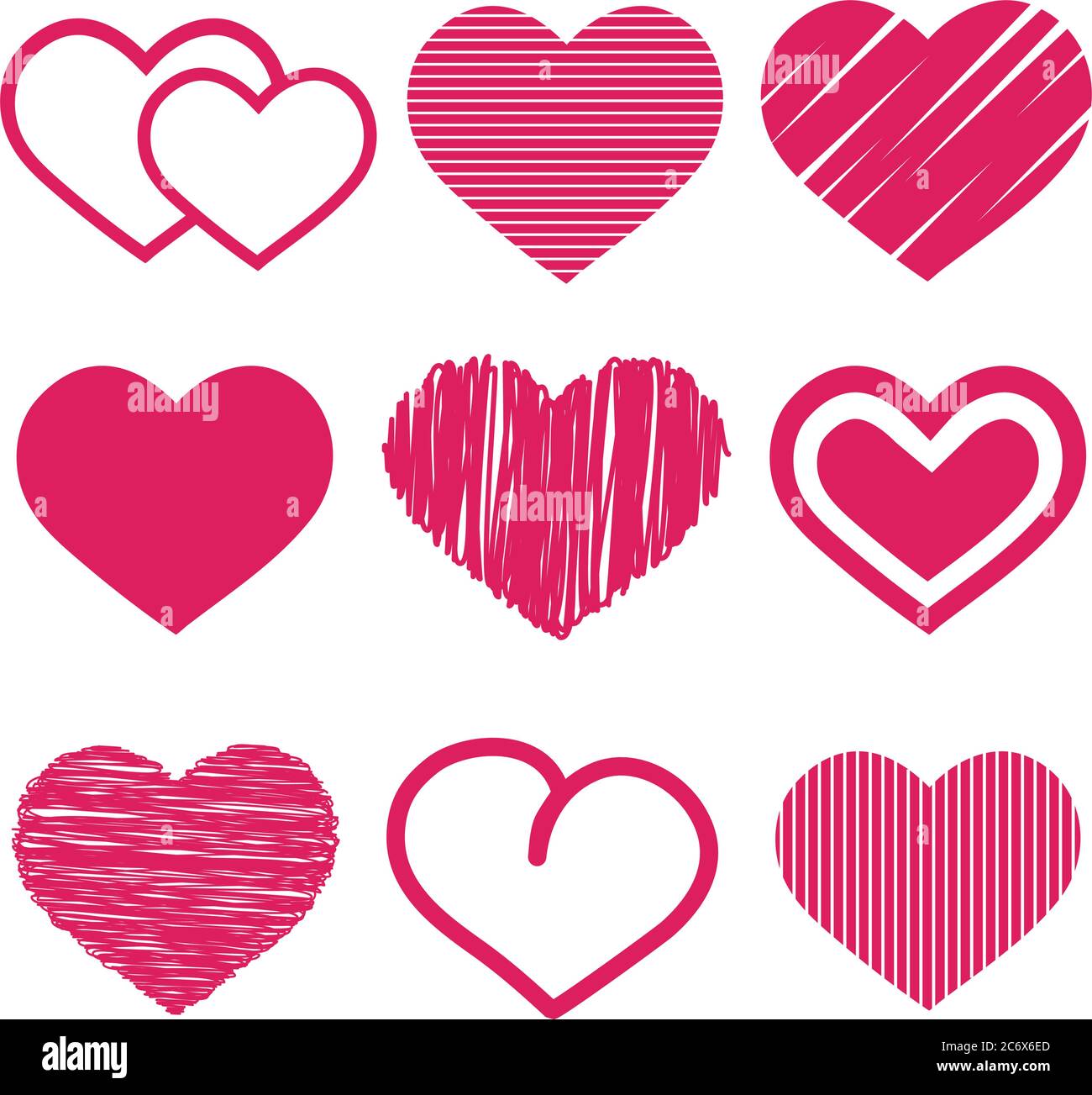 set of nine various cute red heart vector icon illustration isolated on ...