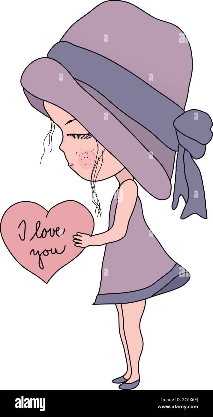Cute Cartoon little girl in pink hat and dress holding heart with text I love you, simple flat sweet vector illustration, vintage style Stock Vector Image & Art - Alamy Cute Cartoon little girl in pink hat and dress holding heart with text I love you, simple flat sweet vector illustration, vintage style Stock Vector Image & Art - Alamy