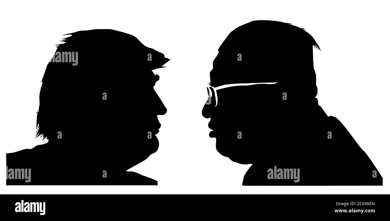 Stone / UK - July 12 2020: Donald Trump and Kim Jong Un silhouette. Pictures of American president and North Korean leader. Black and white illustrati Stock Photo