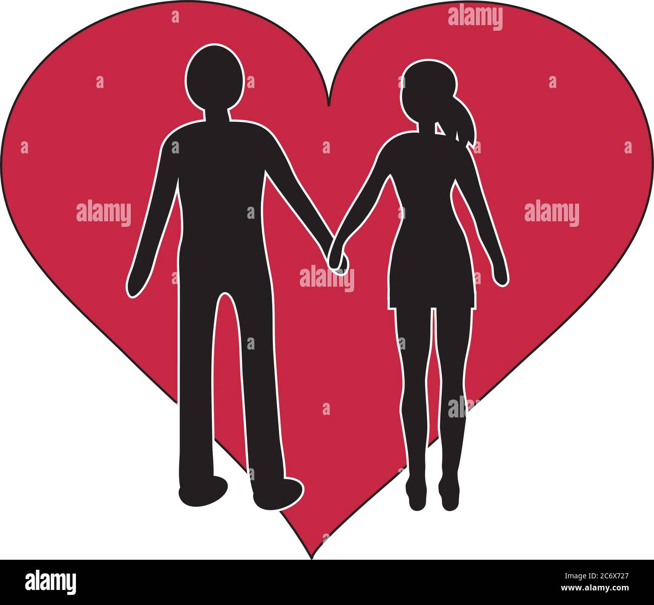 man and women holding hand black silhouette with red heart simple ...