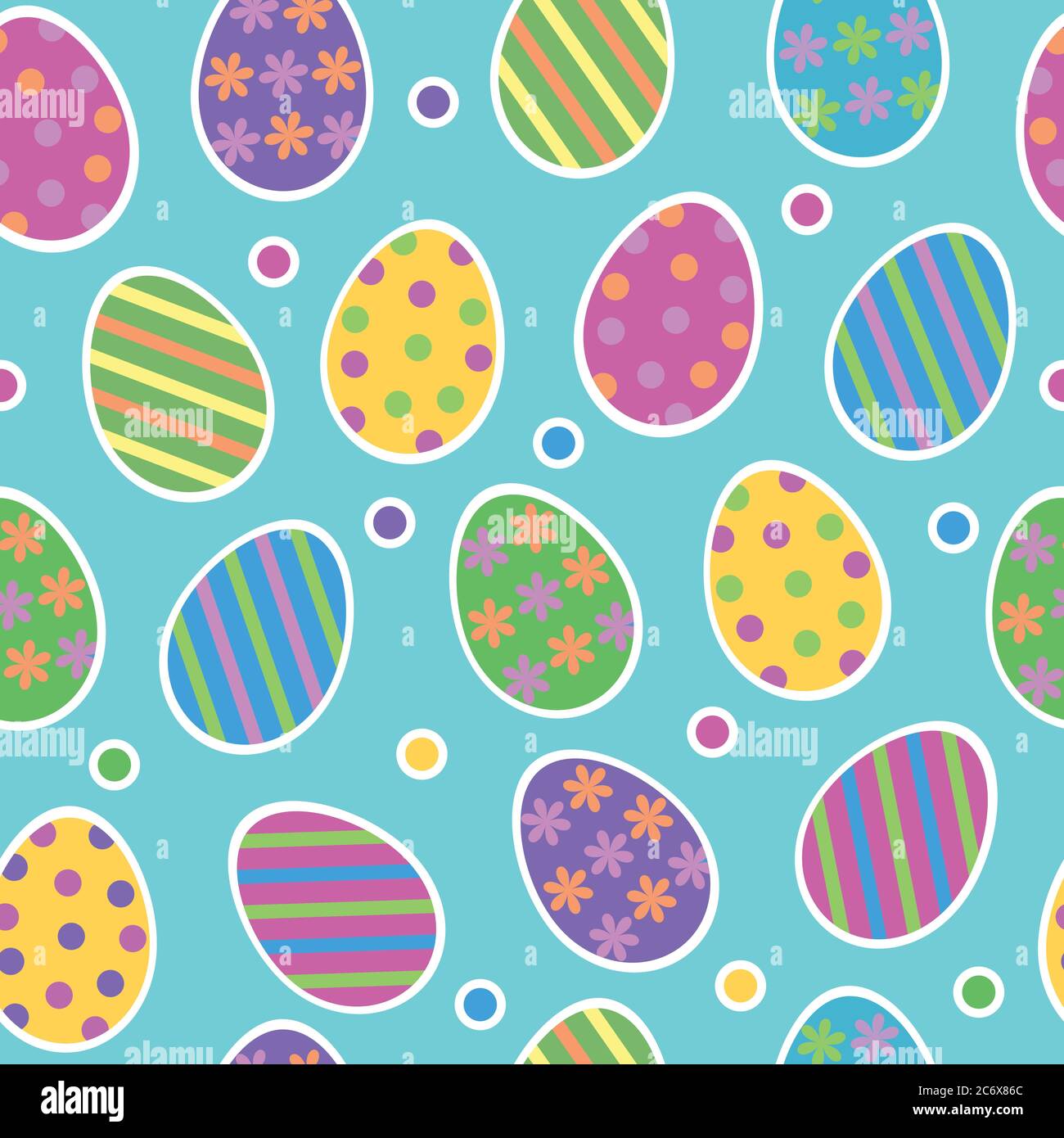 Easter egg seamless pattern vector background with cute colourful painted striped easter eggs stickers with dots on light blue background. Stock Vector