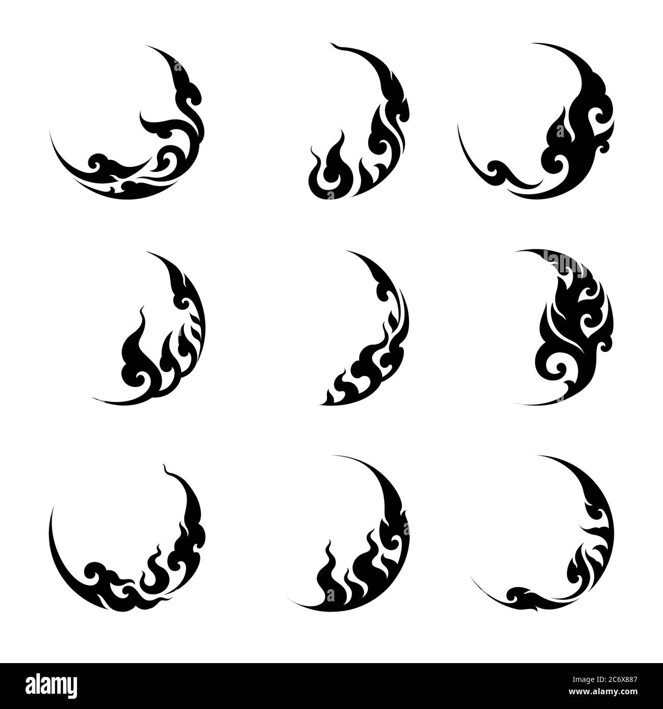 Abstract Thai art silhouette in circle shape. For logo element and ornament design vector set. Stock Vector