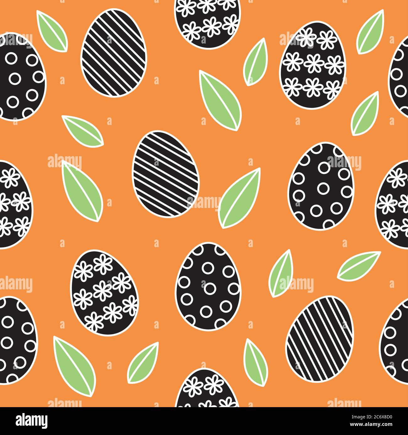 easter seamless pattern vector background, cute outline black and white painted easter eggs with green spring leaves on orange Stock Vector