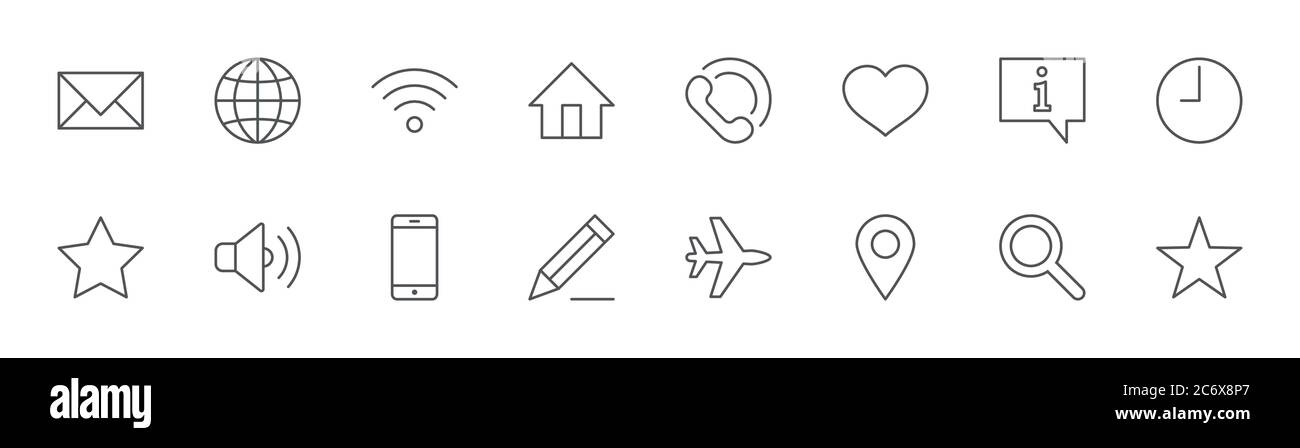 Web Line Icons. Icon Globe, Wi-fi, Home, Heart, Phone Time Star. Editable Stroke Stock Vector