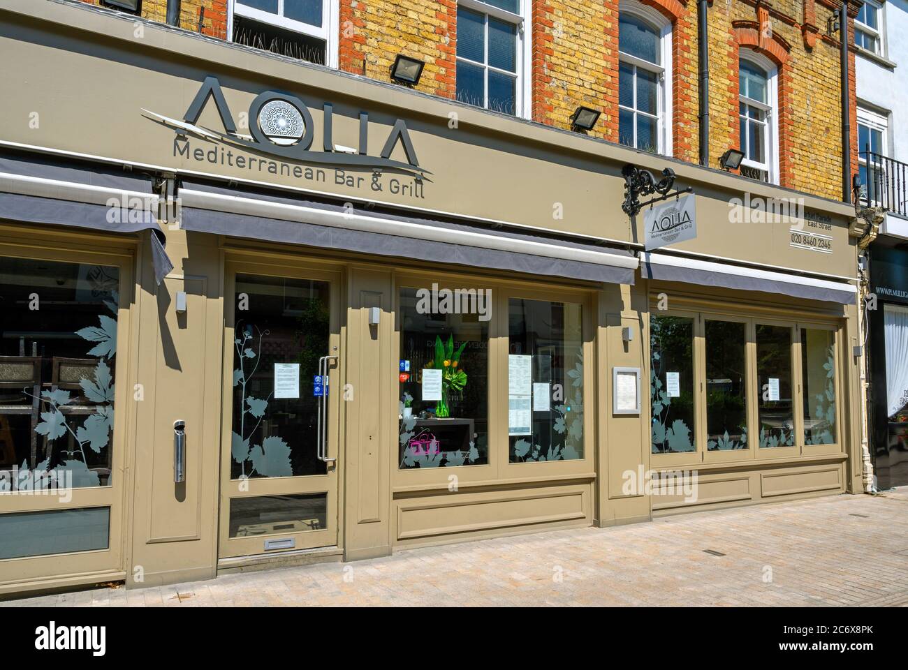 Bromley (Greater London), Kent, UK. Aqua Mediterranean Bar & Grill in East Street, Bromley.  A restaurant serving Mediterranean food. Stock Photo