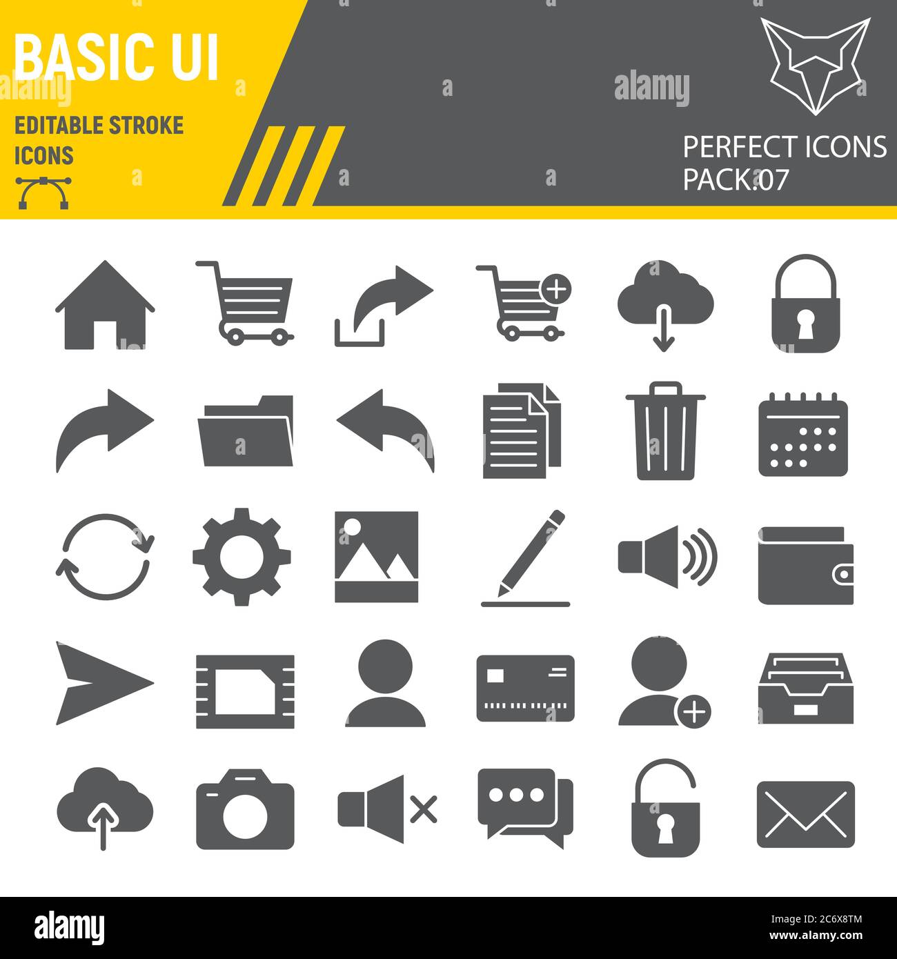 Basic UI glyph icon set, web mobile symbols collection, vector sketches, logo illustrations, ui icons, universal signs solid pictograms, editable Stock Vector