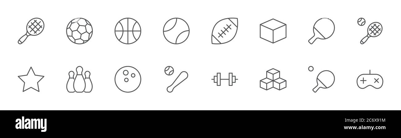 Sports Balls Icons, Hobbies, Football Basketball Bowling Tennis. Editable Stroke Stock Vector