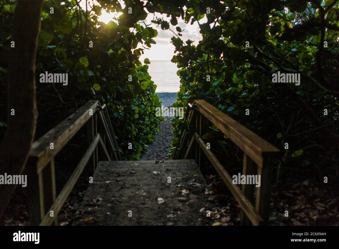 Looking down the steps of a wooden deck leading to Juno Beach on the Atlantic Ocean in Florida's East Coast Stock Photo