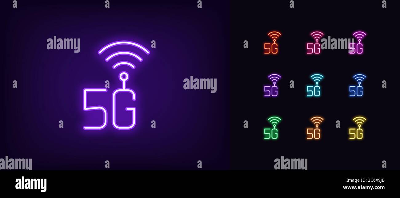 Neon 5G network icon. Glowing neon 5g technology sign, high speed internet in vivid colors. Fast internet of 5 generation, hotspot. Bright icon set, s Stock Vector