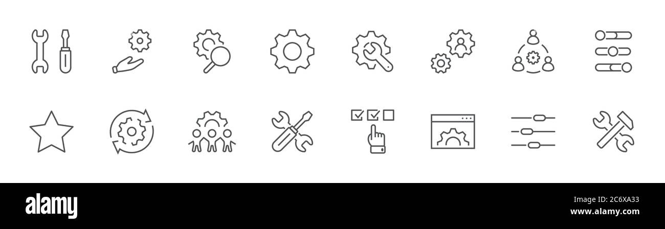 Settings Setup Line Icons. Gear Setting Control Options Service. Editable Stroke Stock Vector