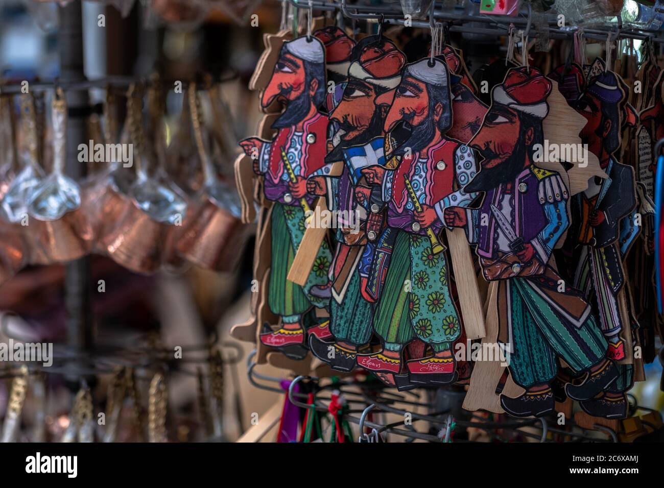 Karagiozis and Hacivatis characters of Greek traditional shadow theater. Greek Shadow Puppetry's in stand of a store in Ioannina city of Epirus Greece Stock Photo