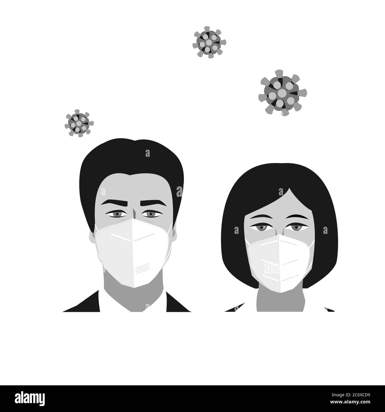People woman and man faces with medical masks. Coronavirus prevention
