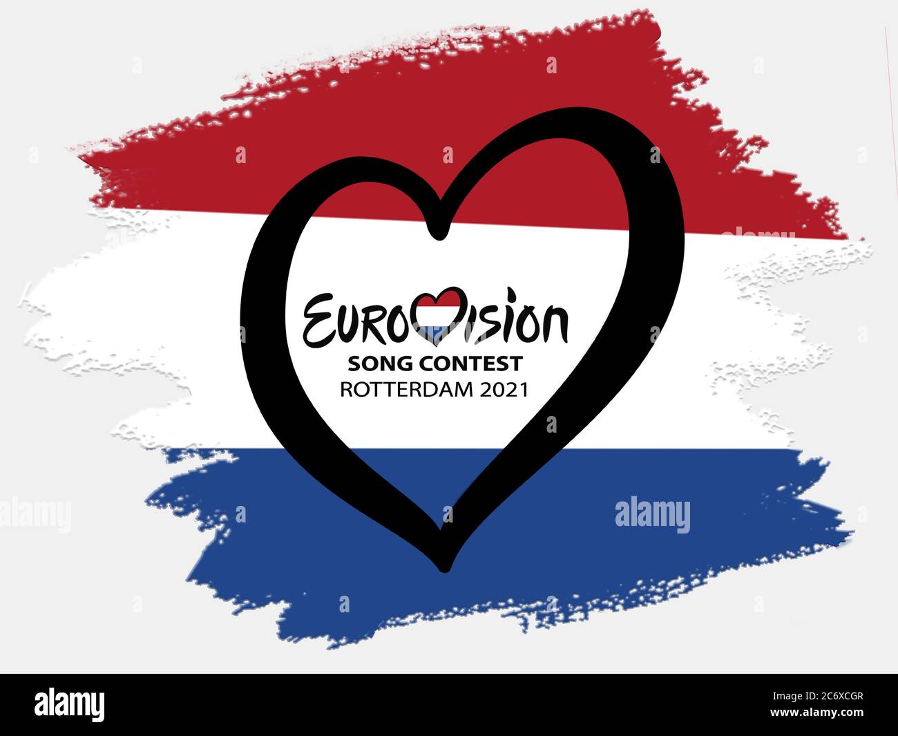 Eurovision 2021. Text Song Contest Rotterdam 2021 Eurovision Heart on Netherlands Flag on white background. Stock Vector