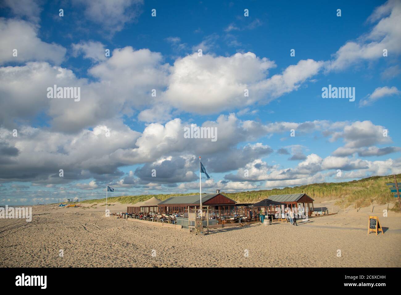 view of beach with beach restaurant in Den Haag, Holland Stock Photo