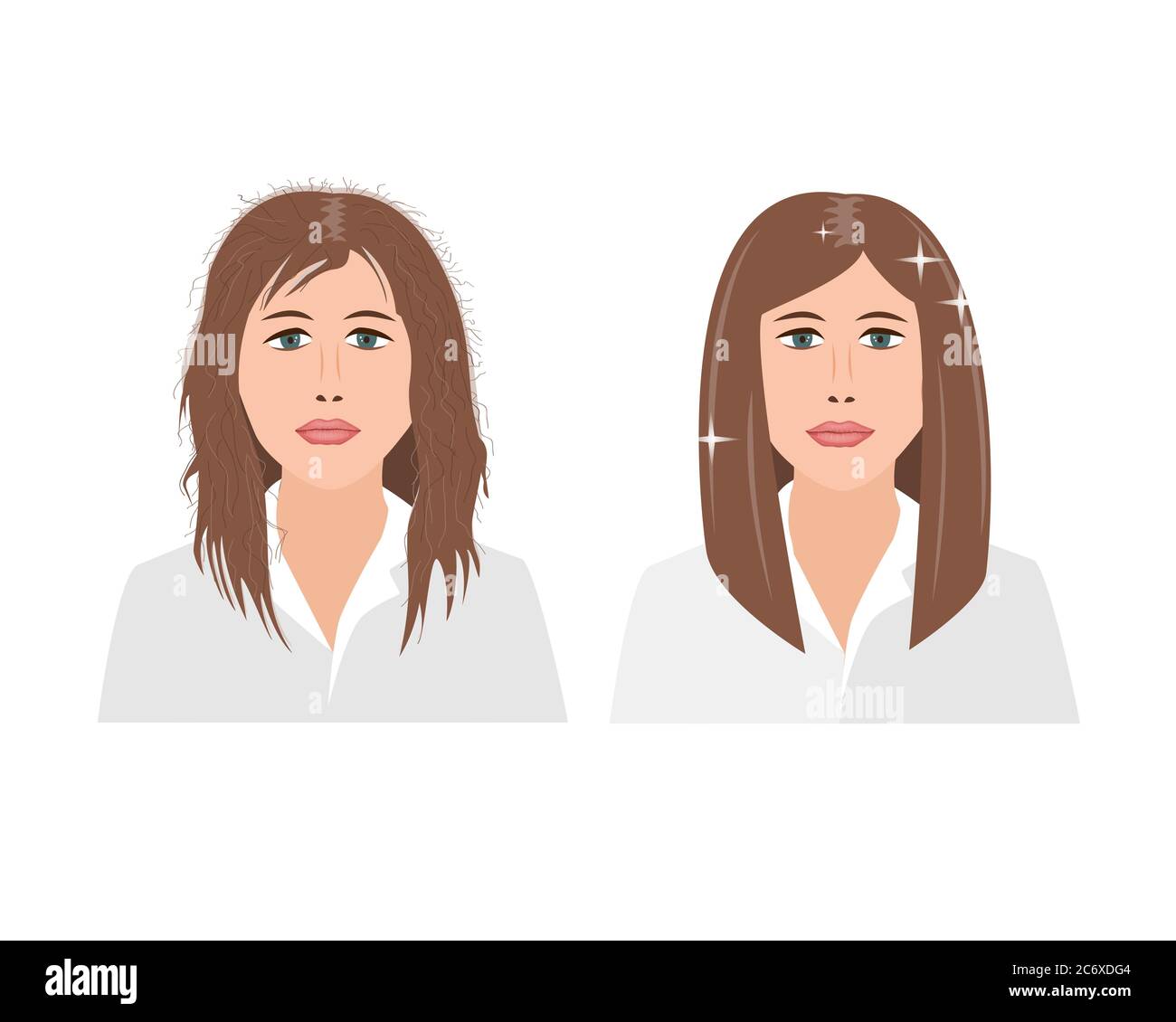 Portrait of upset young woman woman with damaged and fluffy hair before an after keratin straightening treatment. Vector illustration Stock Vector