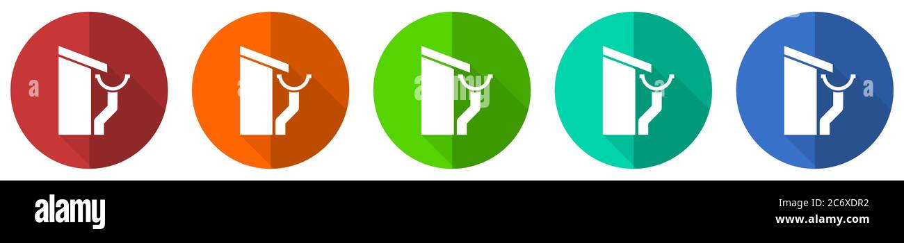 Roof and gutter icon set, guttering home, red, blue, green and orange flat design web buttons isolated on white background, vector illustration Stock Vector
