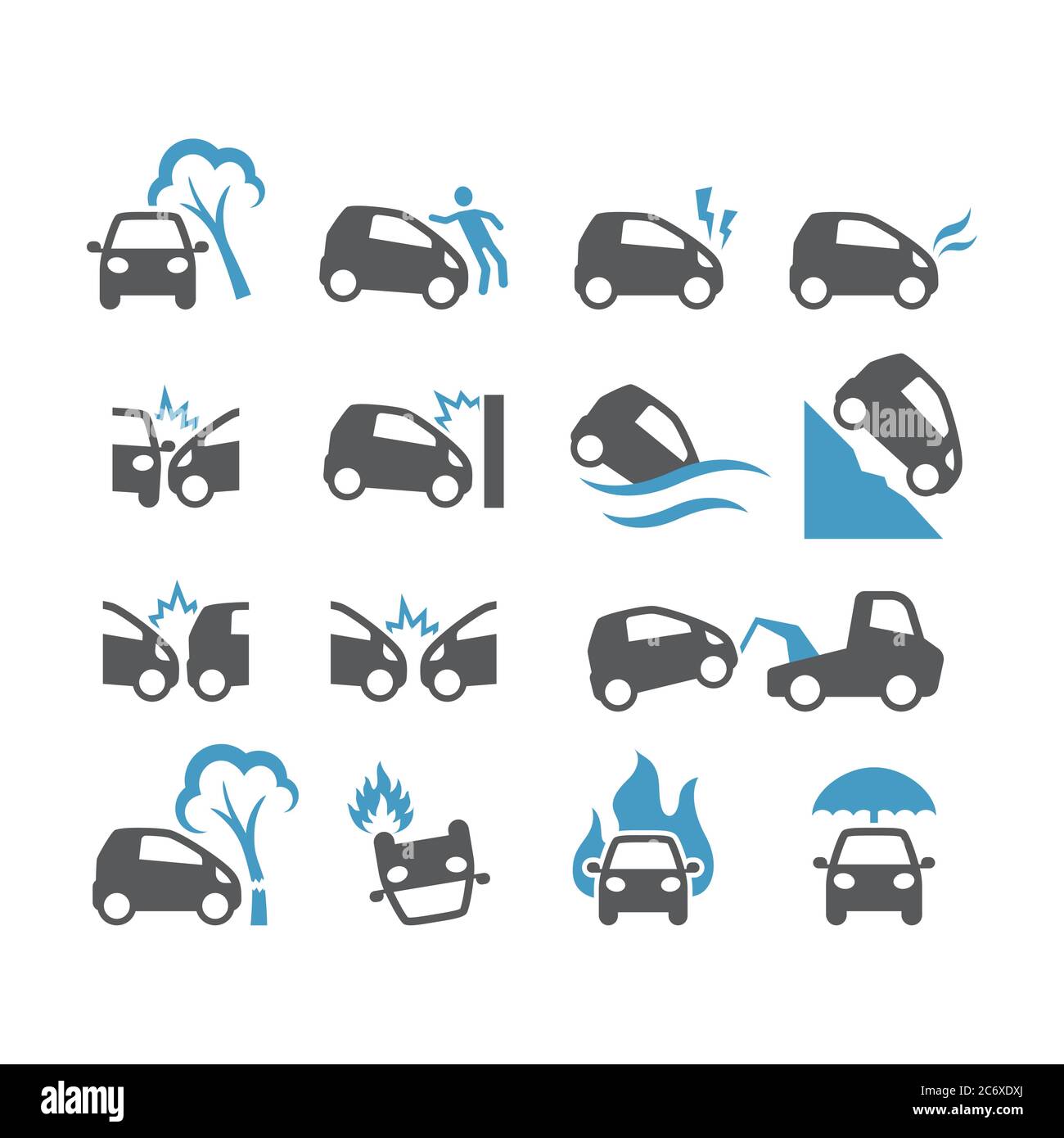 Car accident, insurance black vector icon set. Frontal collision, crush, flood, fire car accidents glyph icons. Stock Vector