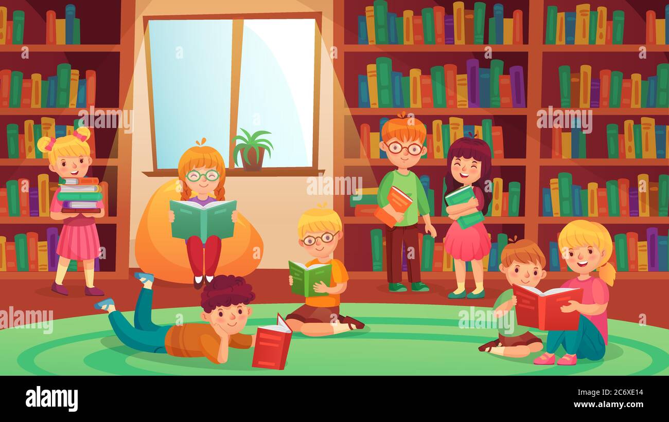 Kids in library reading books. Girls and boys learning, getting knowledge. Young students doing homework Stock Vector