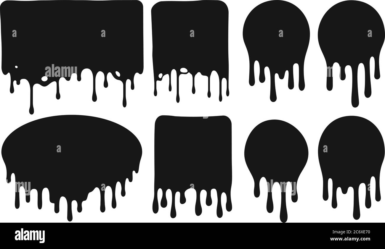 Black dripping frames. Flowing dark fluid or liquid with paint drops. Oil drops leaking from different frames Stock Vector