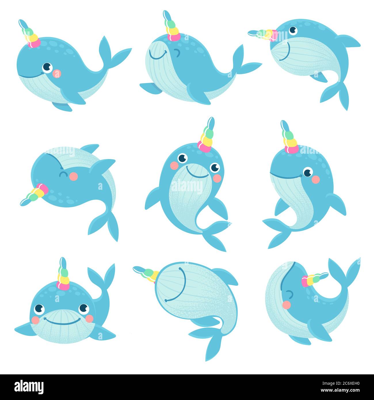 Whale unicorn. Cute marine inhabitants colorful adorable whales unicorns, funny animals childrens anime creatures, cartoon vector characters Stock Vector