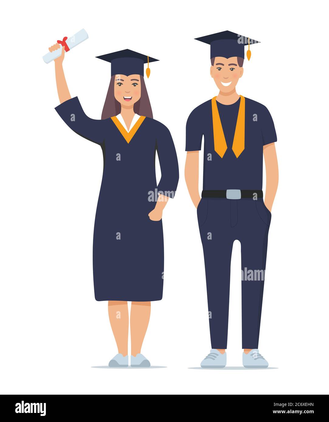 Couple of happy smiling graduates with diplomas. Man and woman graduated from university. Vector illustration isolated on white Stock Vector