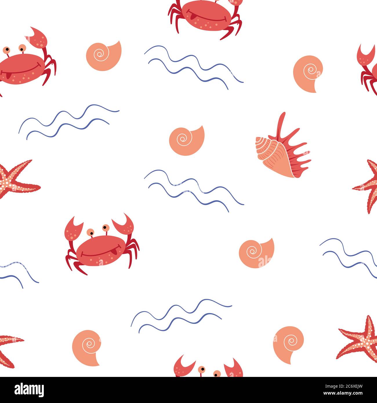 Seamless pattern with cute cartoon crab and seashells. Vector ...