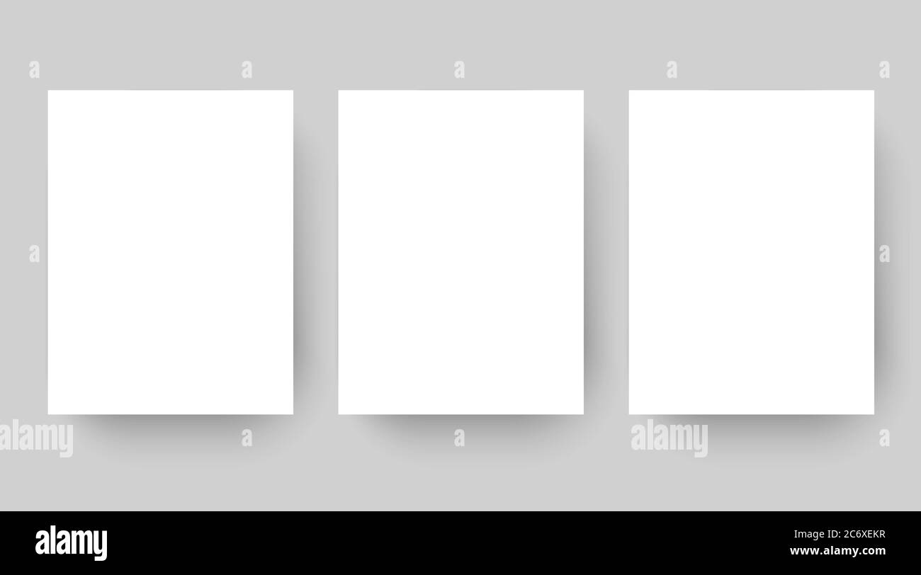 Empty affiche mockup copy. Blank white paper sheet template set isolated on grey. Poster with drop shadows Stock Vector