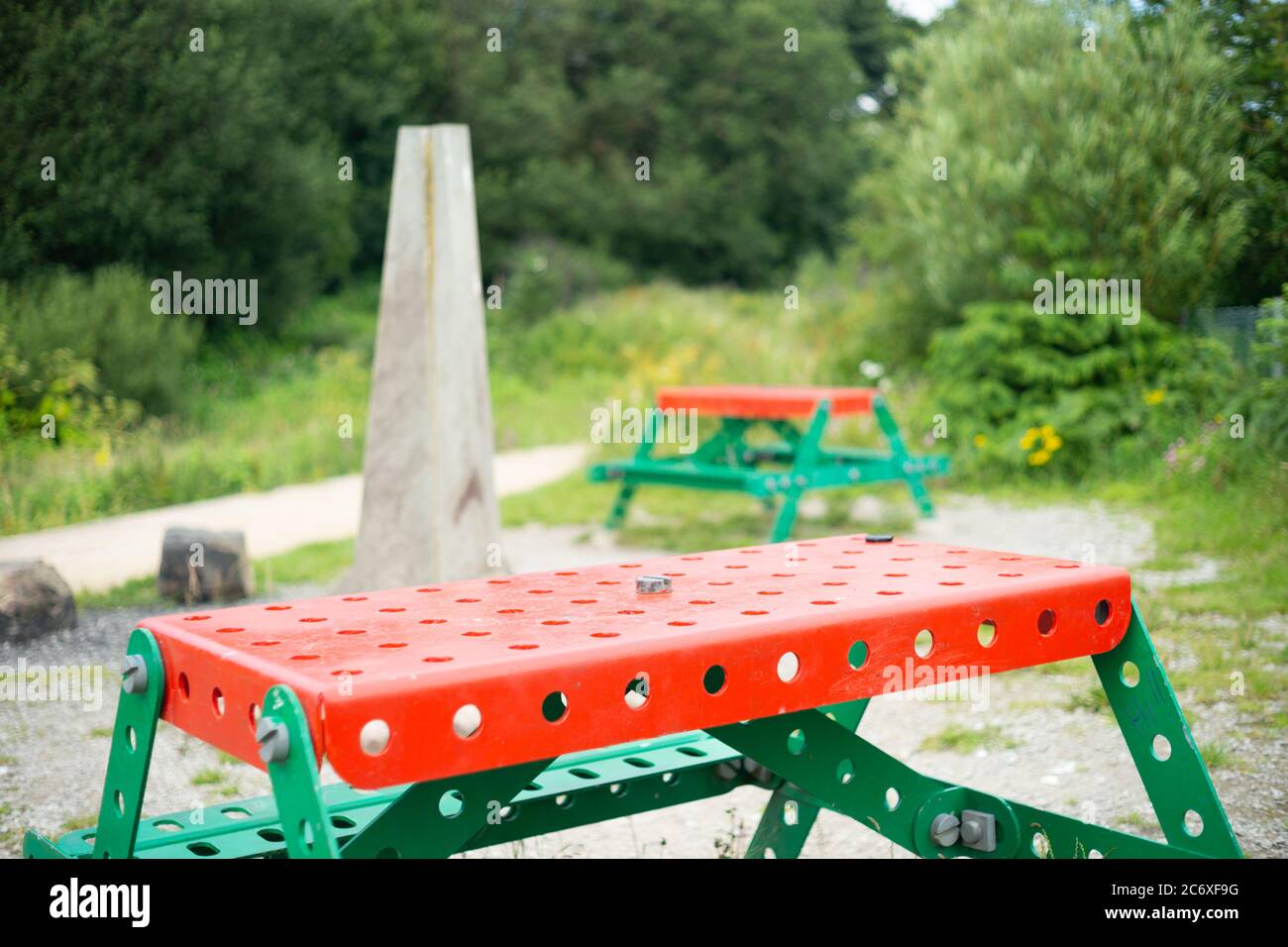 Picnic area at Nob End Locks, Prestolee. The picnic tables are made out of lifesize meccano as is the bridge nearby. England, UK Stock Photo - Alamy
