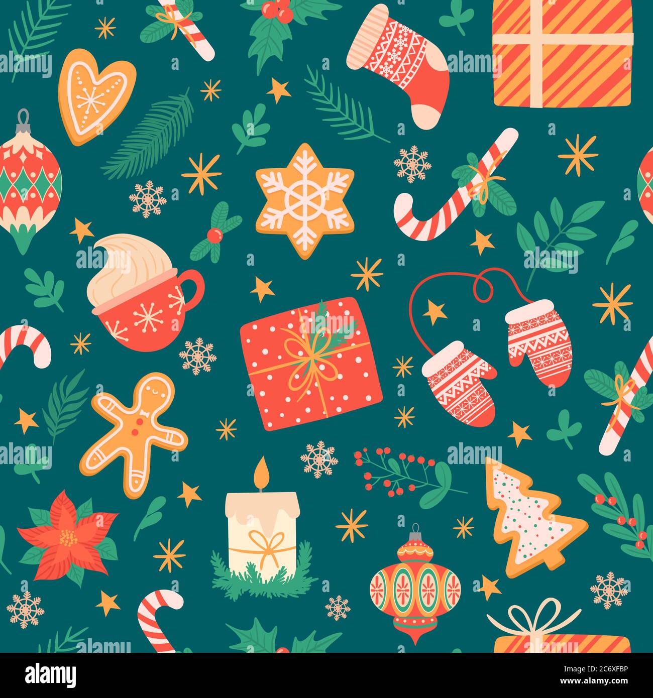 Christmas seamless pattern. Traditional xmas attributes, christmas tree toys, gingerbread, presents for cards and wrapping vector texture Stock Vector