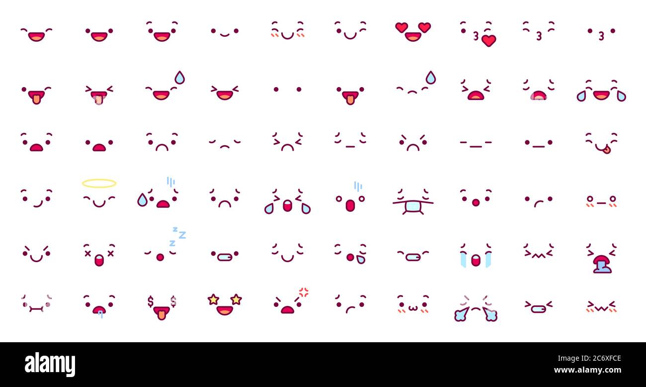 Cute emoticon emoji faces. Cartoon kawaii face expression in japanese anime  character. Manga emotion kiss, cry and angry vector icons set Stock Vector  Image & Art - Alamy