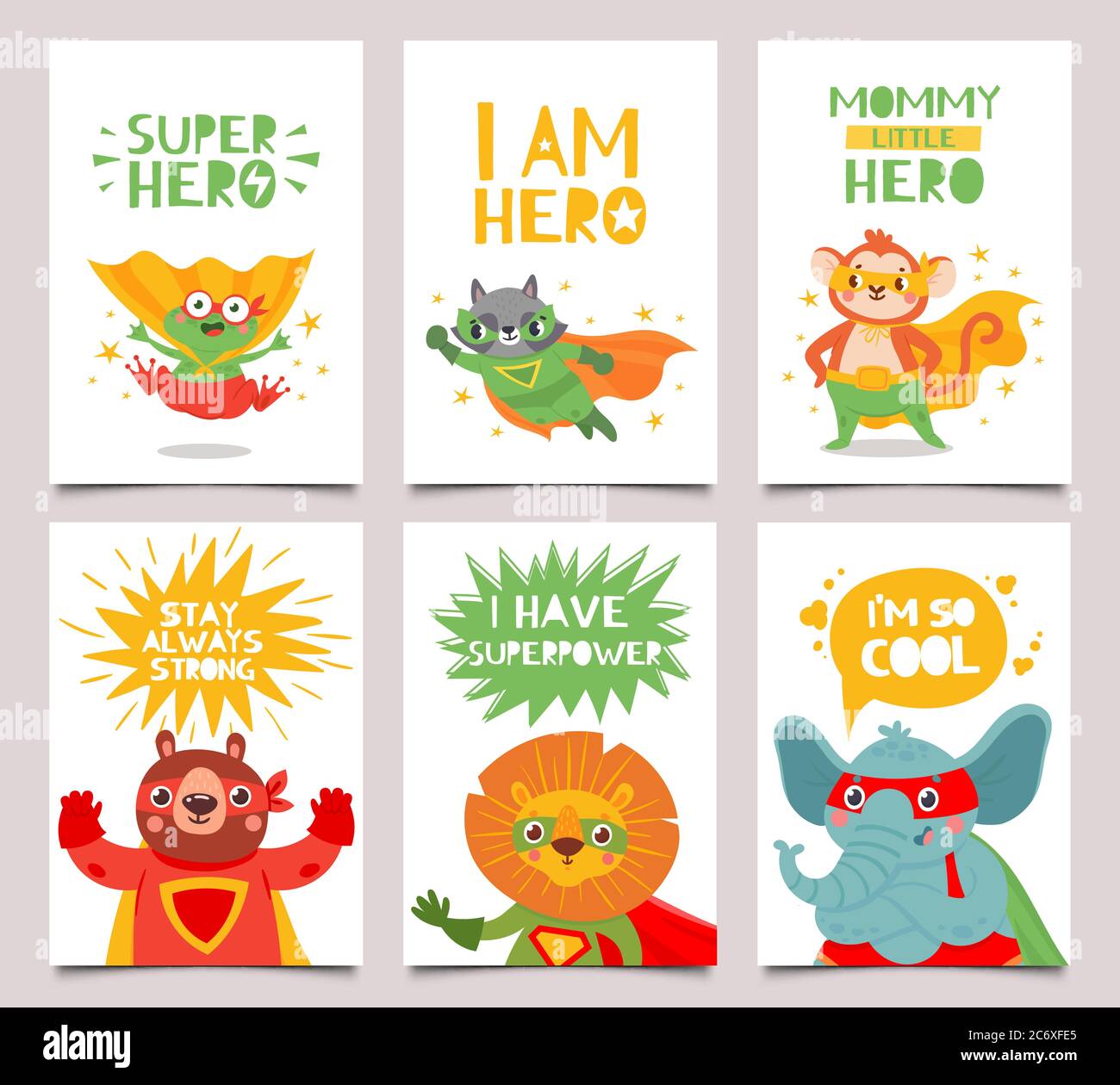 Hero animals cards. Cute and fun kids super hero animals with capes, masks  and lettering greeting quotes, cartoon vector kids posters set Stock Vector  Image & Art - Alamy
