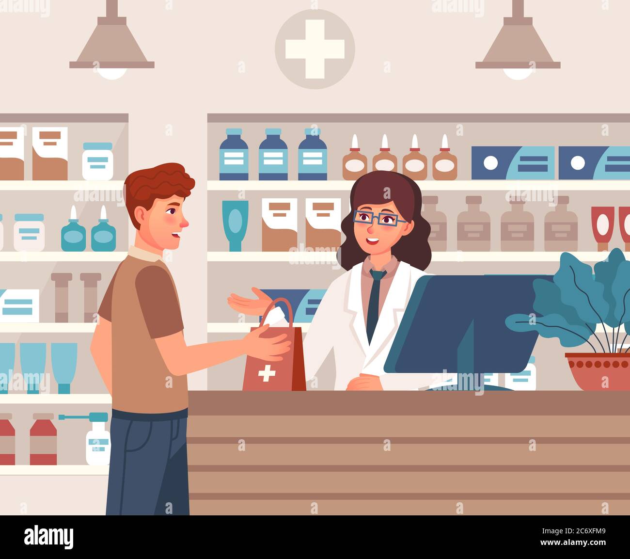 Pharmacist and patient. Pharmacist consultant and patient in drugstore interior, client buys medication, pharma healthcare vector concept Stock Vector