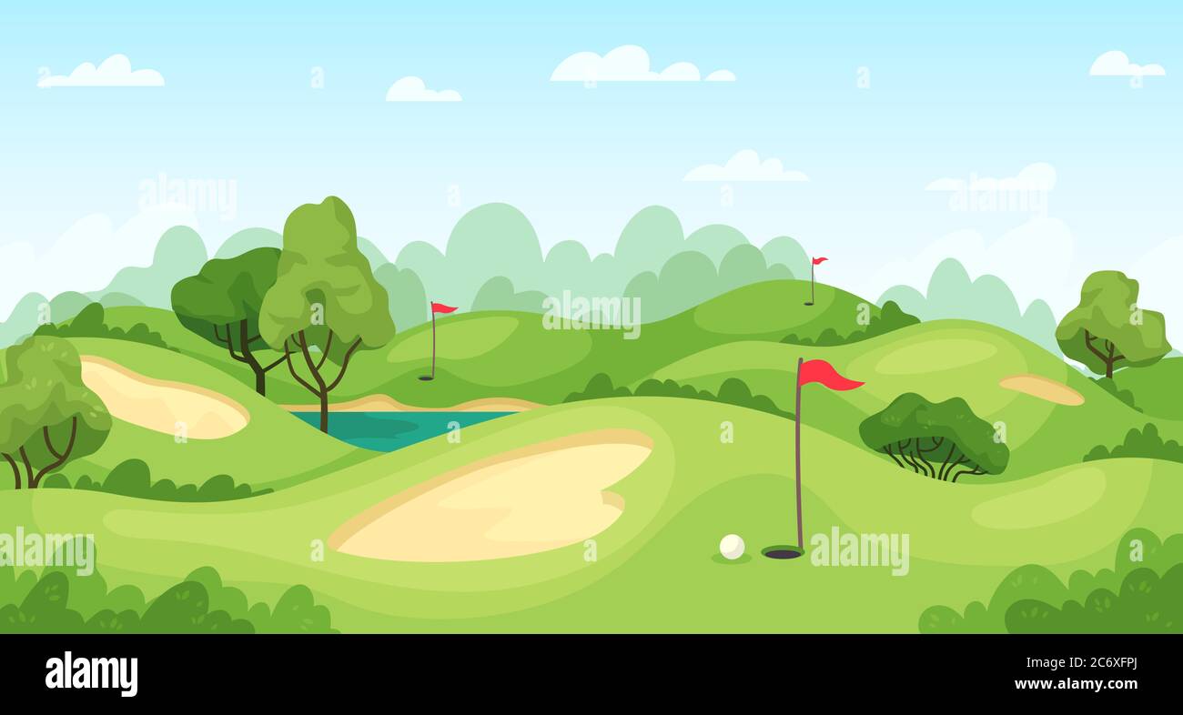 Golf course. Green landscape with flags and sand ground, golf cart on lawn, course for tournament game golf vector background Stock Vector