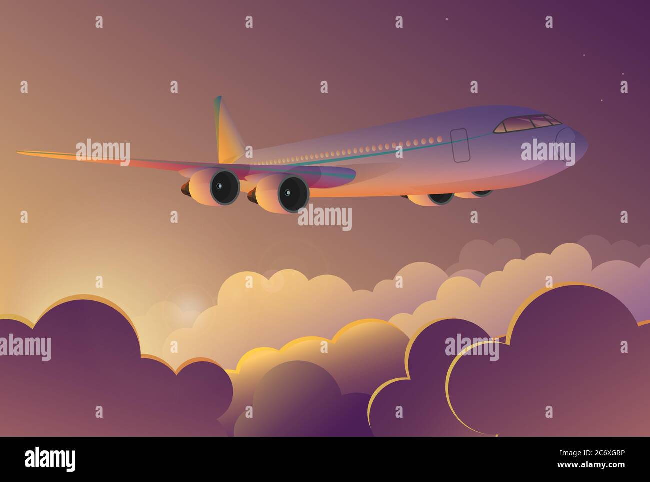 Airplane flying in the sky at sunrise. Airplane travel journey flight vector cartoon illustration Stock Vector