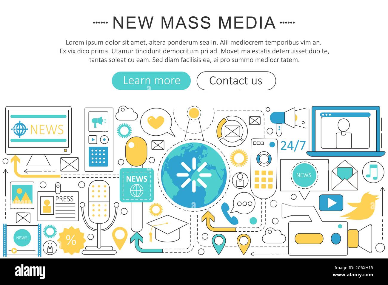 Vector modern line flat design News mass media concept. News mass media icons Website Header, app design poster banner Stock Vector