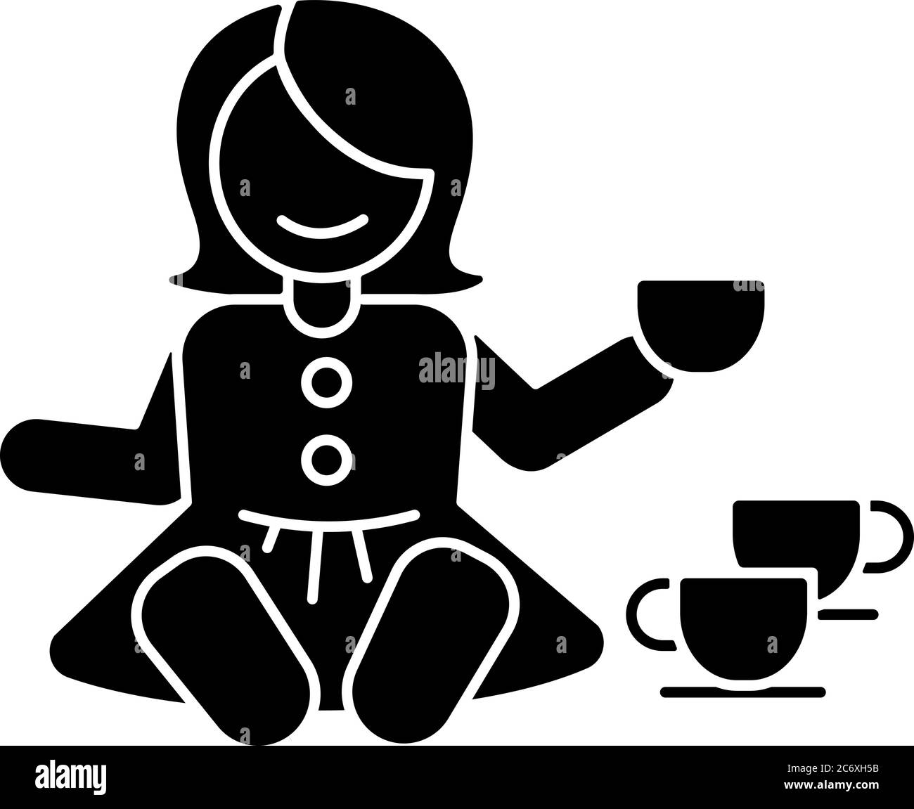 Pretend kitchenware black glyph icon. Baby doll with tea set. Toys for playing pretend game with children. Social skills development. Silhouette symbo Stock Vector