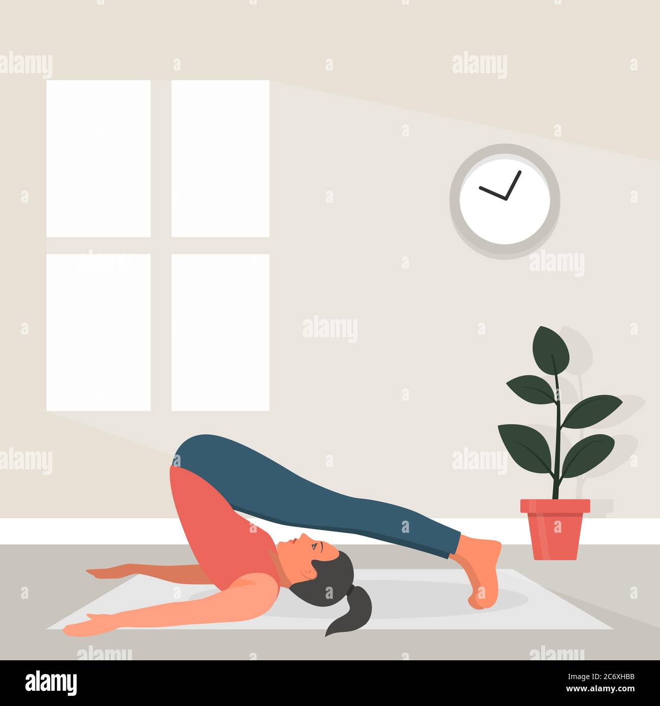 Woman doing Yoga in half plough pose vector. Girl lying on the floor and  lifting two legs up in the air. Flat vector illustration isolated on white  background 18862585 Vector Art at