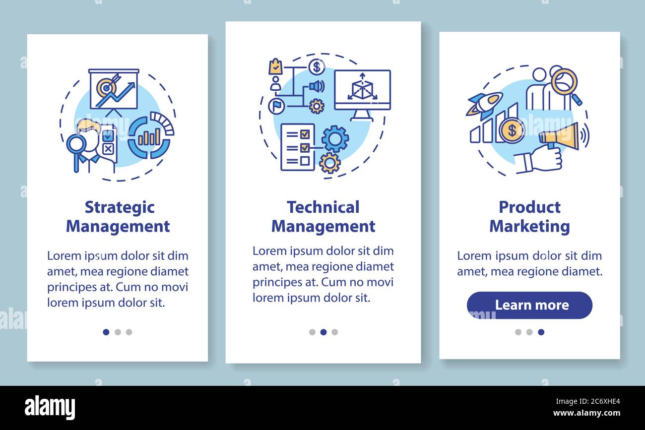 Management types onboarding mobile app page screen with concepts ...