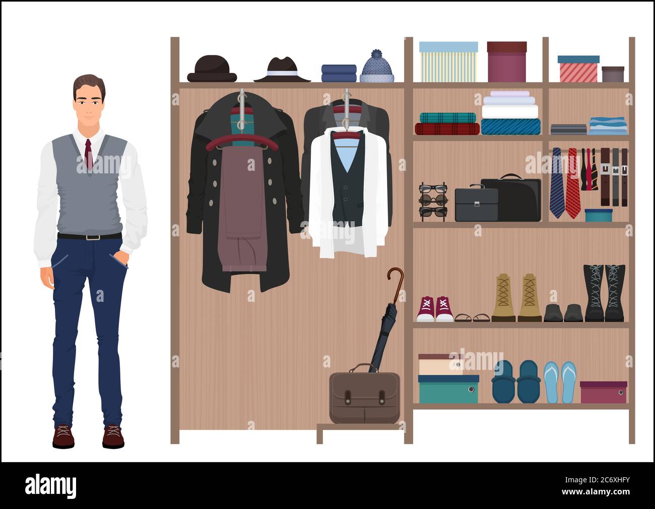 Stylish man and man s wardrobe. Vector Men's dressing room design. Clothes and shoes on hangers Stock Vector