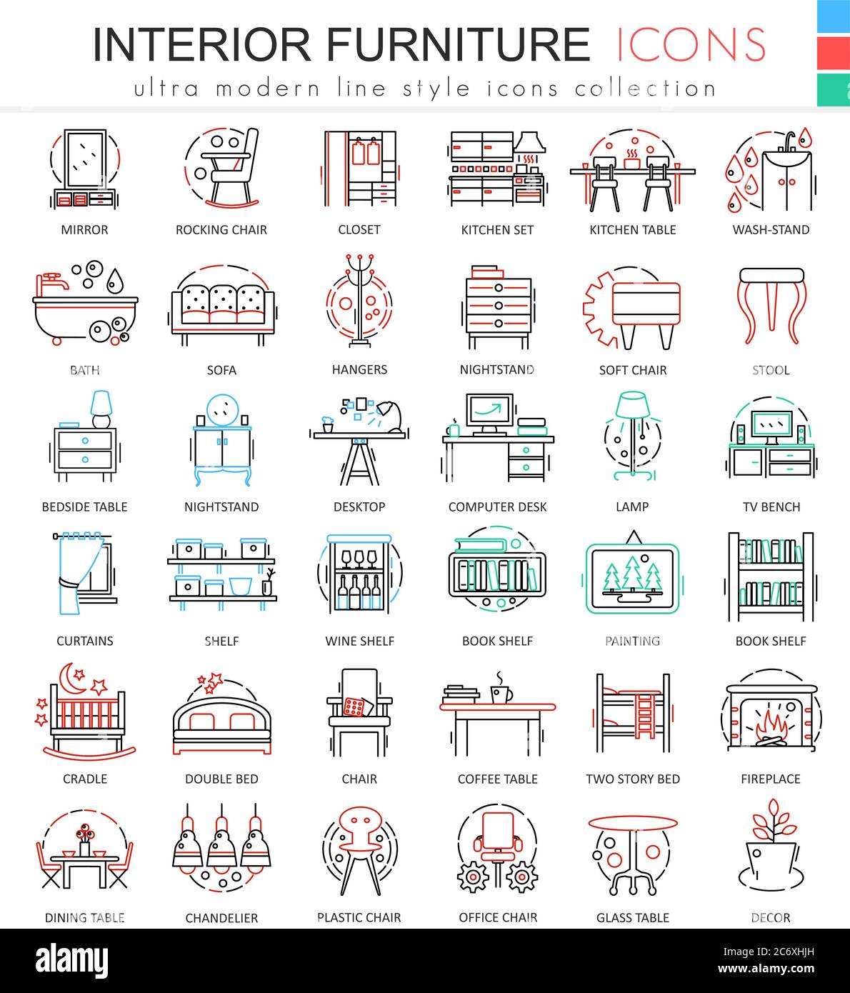 Vector interior Furniture color line outline icons for apps and web ...