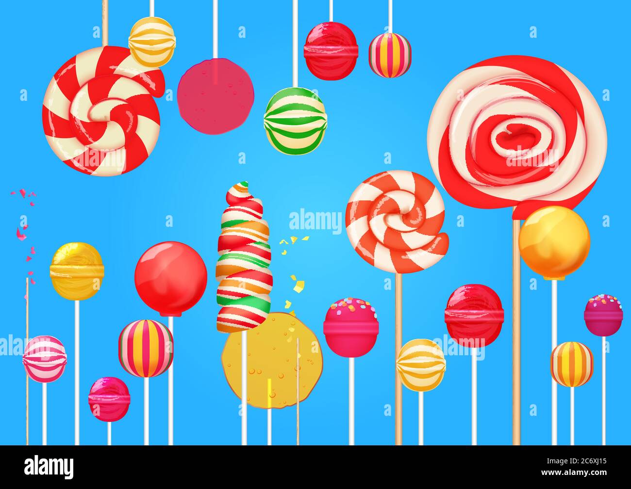Bright blue sugar background with bright colorful lollipops candy sweets. Candy shop. Sweet color lollipop. Stock Vector