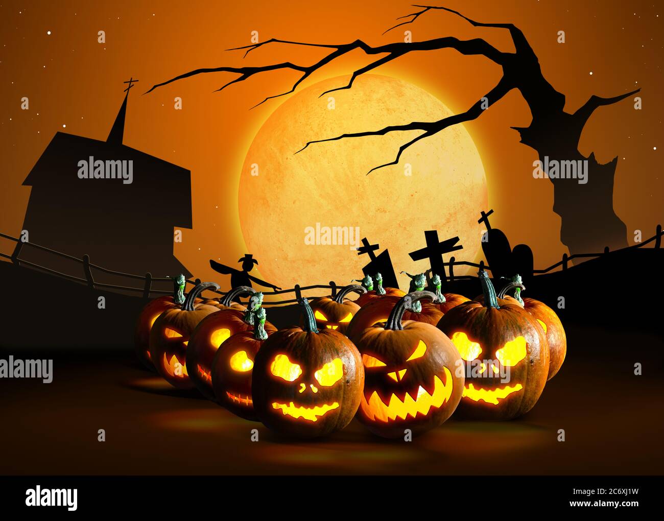 Group of Halloween Jack o Lanterns on cemetery background Stock Photo ...